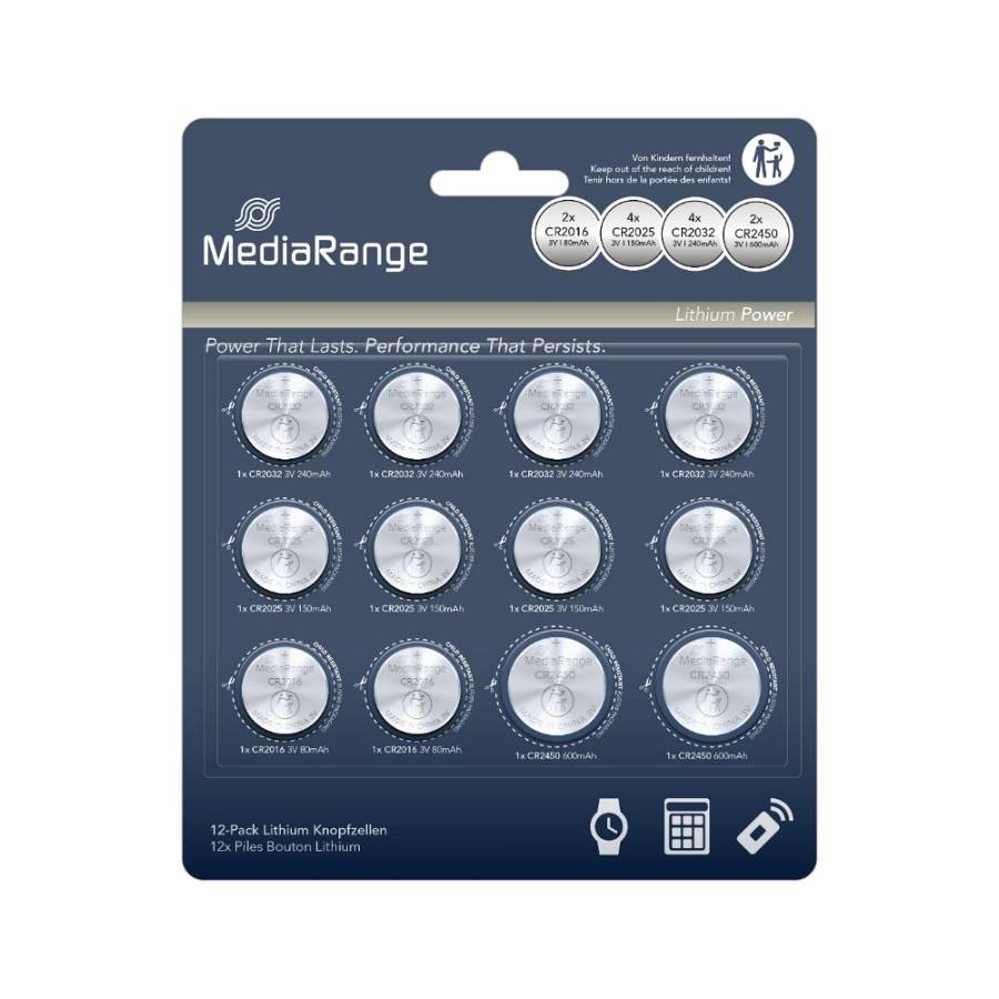 MediaRange Lithium Coin Cells Assorted set CR2016|CR2025|CR2032|CR2450 Pack 12  (MRBAT139)