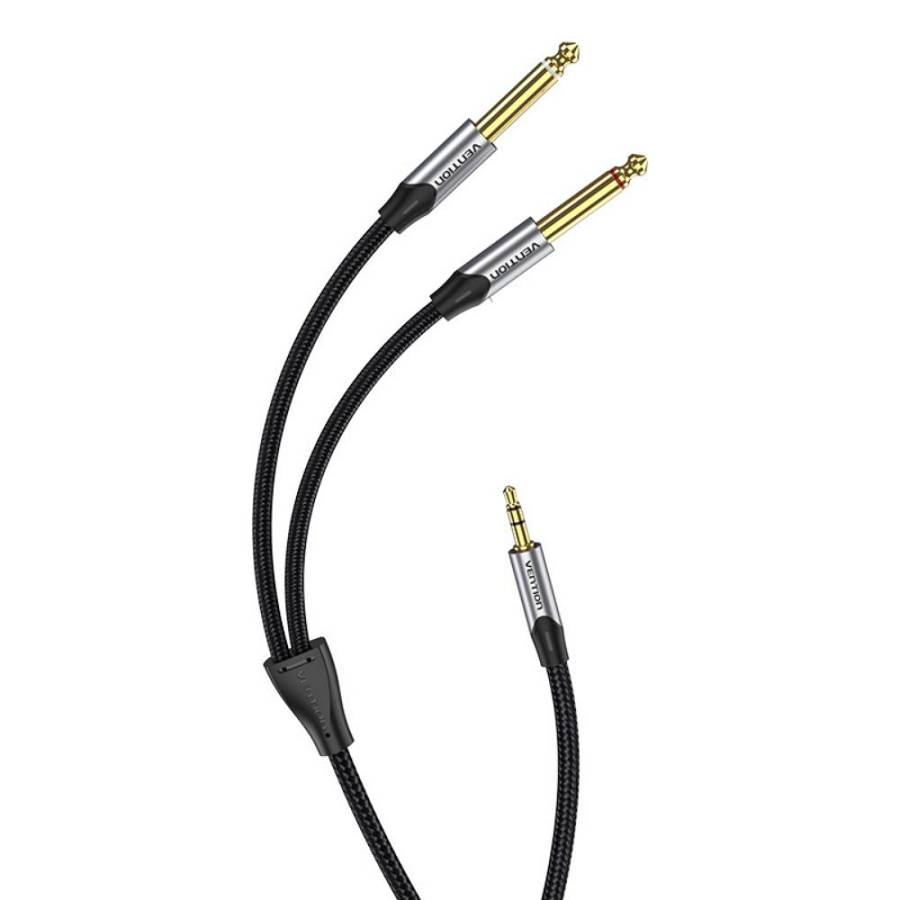 VENTION Cotton Braided TRS 3.5mm Male to 2*6.5mm Male Audio Cable 1M Gray Aluminum Alloy Type (BARHF) (VENBARHF)