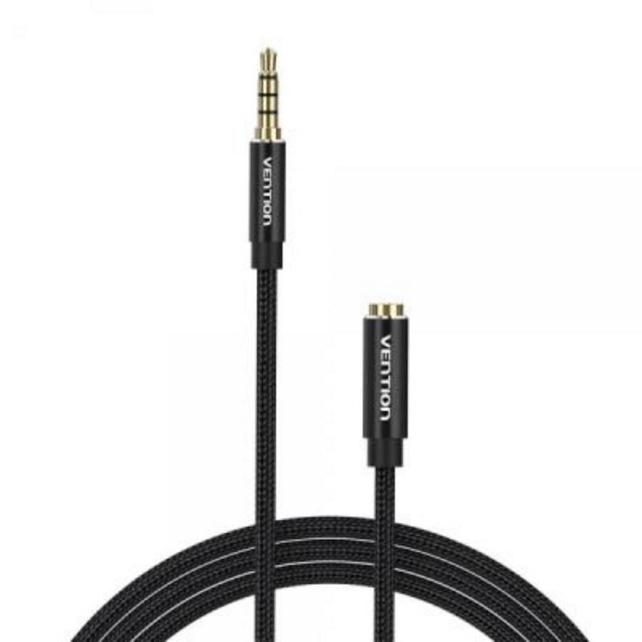 VENTION Cotton Braided TRRS 3.5mm Male to 3.5mm Female Audio Extension Cable 1M Black Aluminum Alloy Type (BHCBF) (VENBHCBF)