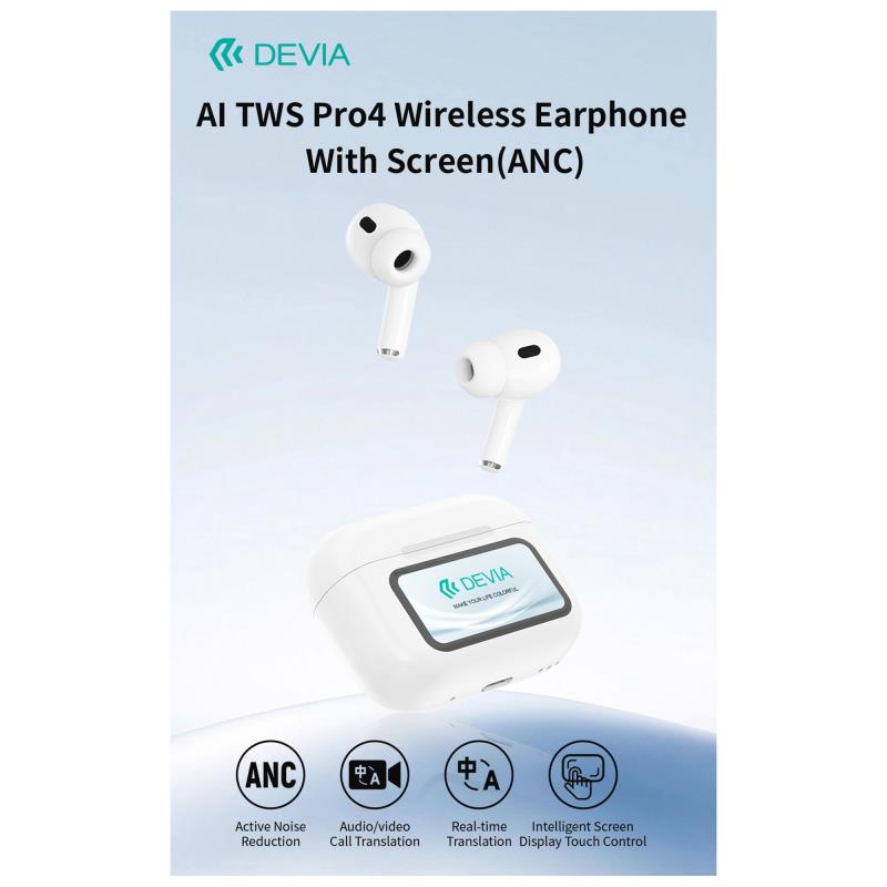 True Wireless Ακουστικά Bluetooth Devia EM417 ANC Pro4 με Μεταφραστή AI & Οθόνη Λευκό