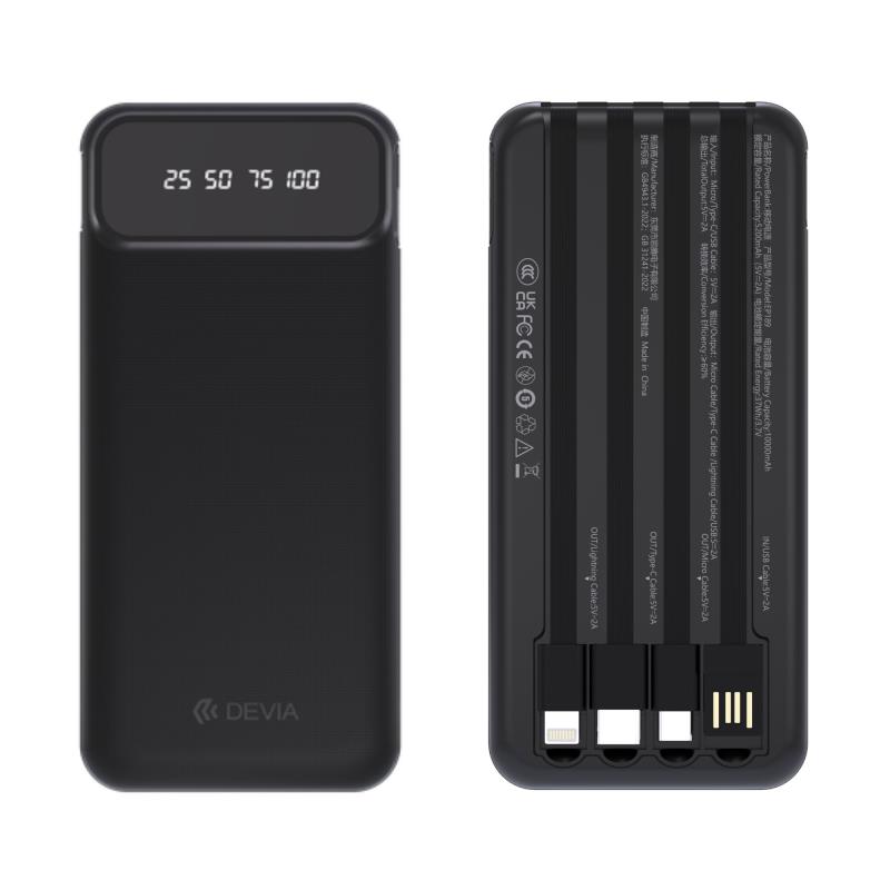 Φορτιστής Ανάγκης Devia EP189 10W 10000mAh με 4 Ενσωματωμένα Καλώδια Kintone Μαύρο