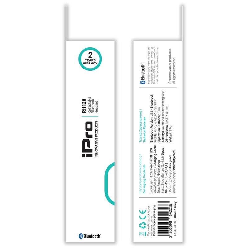 Ακουστικό Bluetooth iPro RH120 Retractable Μαύρο-Γκρι