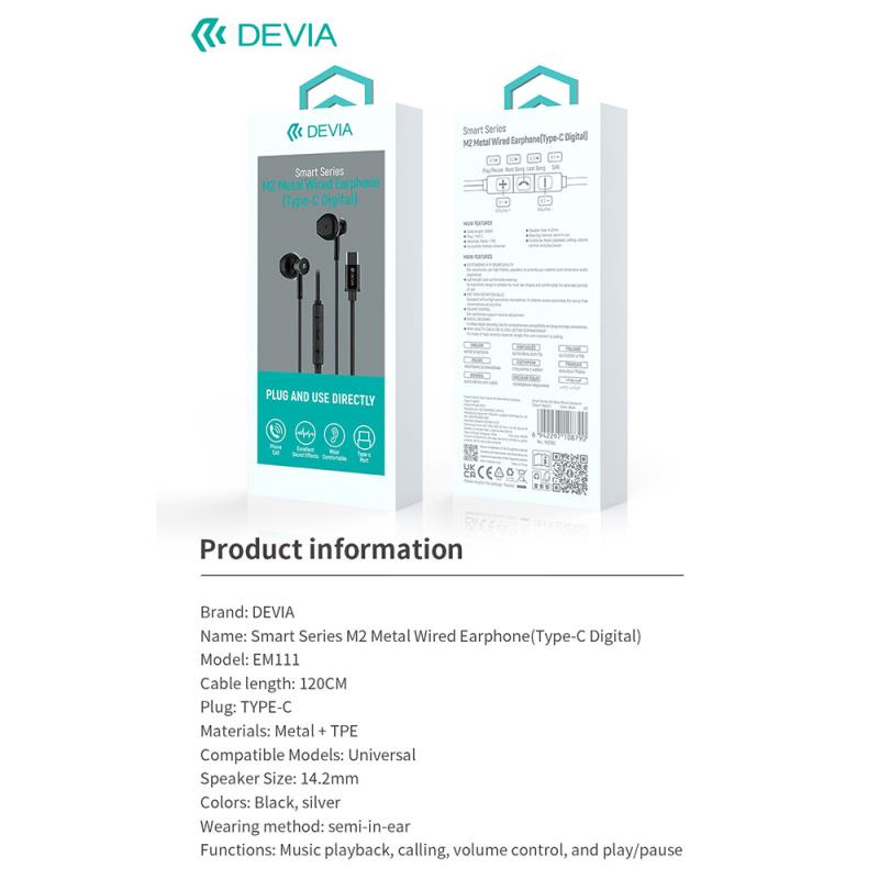 Hands Free Stereo Devia EM113 M2 Metal USB C Smart Μαύρο