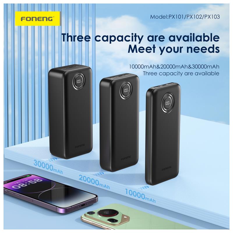 Φορτιστής Ανάγκης Foneng PX101 PD 22.5W 10000mAh με 2 Θύρες USB A & 1 Θύρα USB C Μαύρο