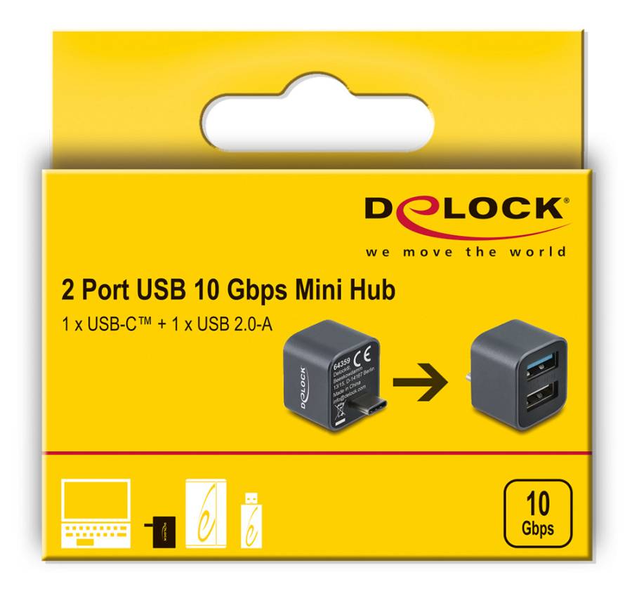 DELOCK mini USB hub 64359, 2x θυρών, USB 3.2, 10Gbps, USB-C σύνδεση, γκρι 64359