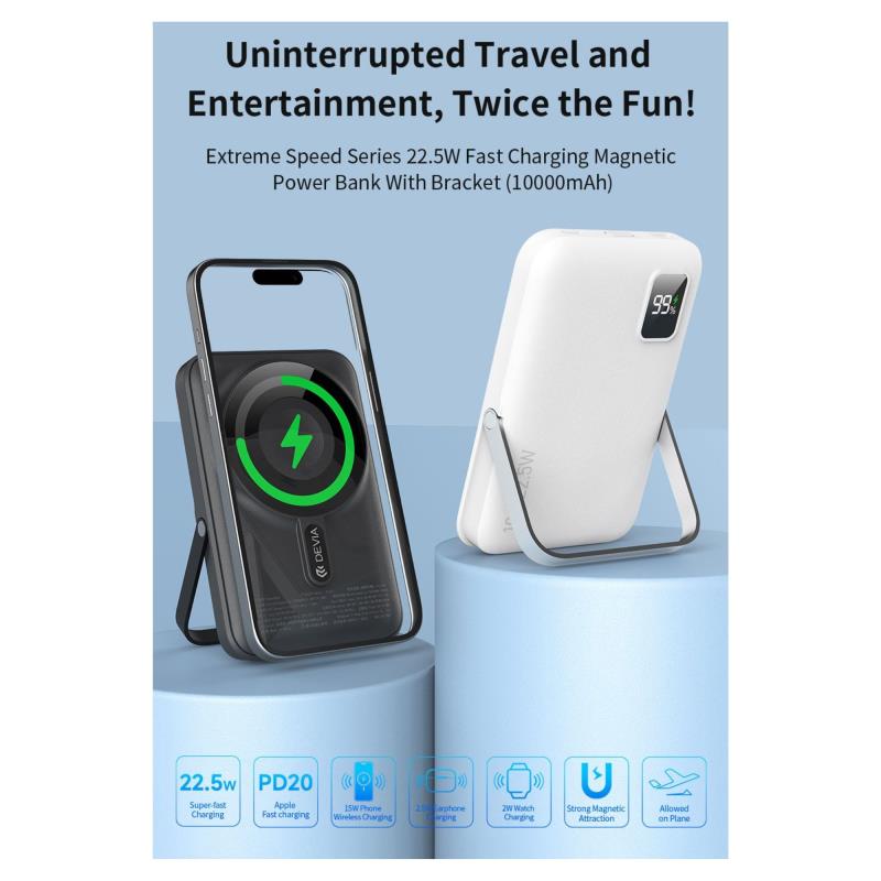 Ασύρματος Φορτιστής Ανάγκης Devia EP201 Magnetic PD 22.5W 10000mAh με Βραχίονα Στήριξης Extreme Speed Γκρι