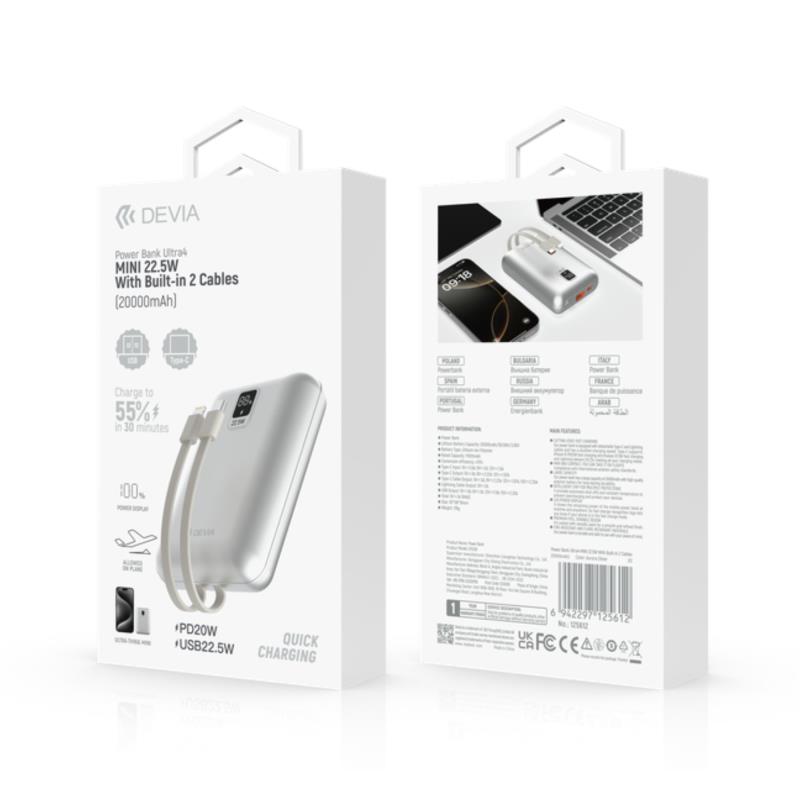 Φορτιστής Ανάγκης Devia EP208 MINI 22.5W 20000mAh με 2 Ενσωματωμένα Καλώδια Ultra4 Ασημί