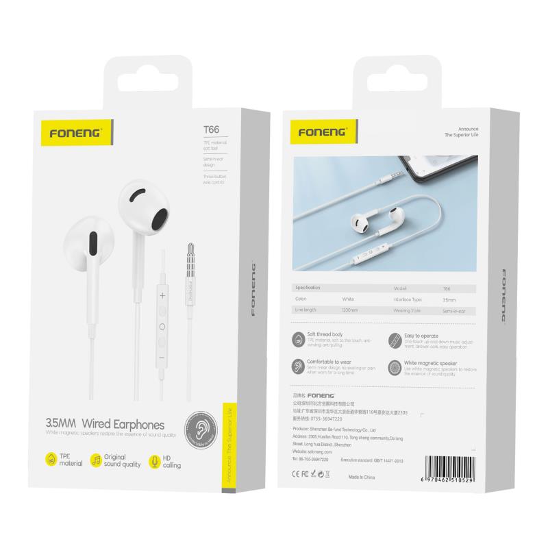 Hands Free Stereo Foneng T66 3.5mm Λευκό