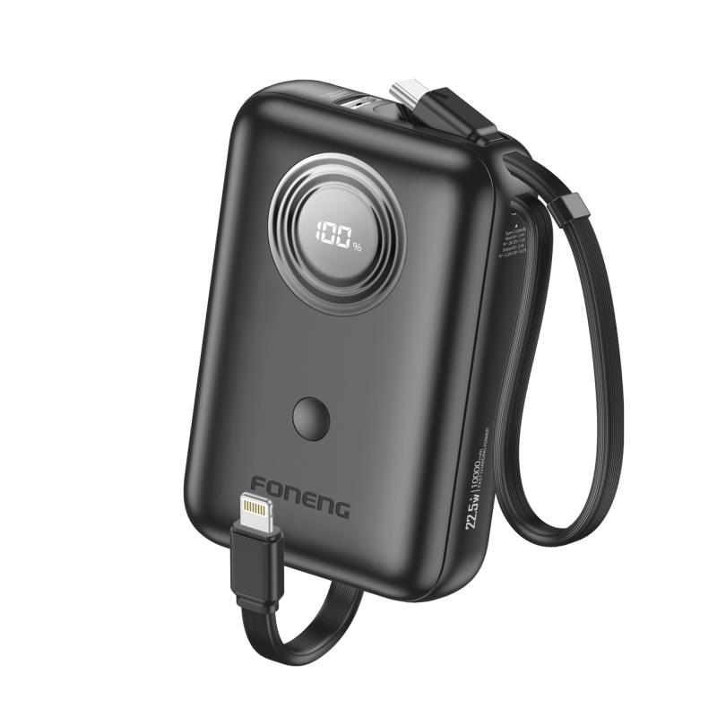Φορτιστής Ανάγκης Foneng PX105 Mini 22.5W 10000mAh με 2 Ενσωματωμένα Καλώδια Μαύρο