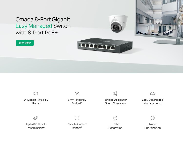 TP-LINK easy managed switch ES208GP, 8x Gigabit θύρες, PoE+, V1.0 ES208GP