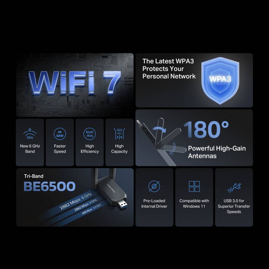 MERCUSYS ασύρματος USB αντάπτορας δικτύου MA37BEH, BE6500, Tri-Band, V1.0 MA37BEH