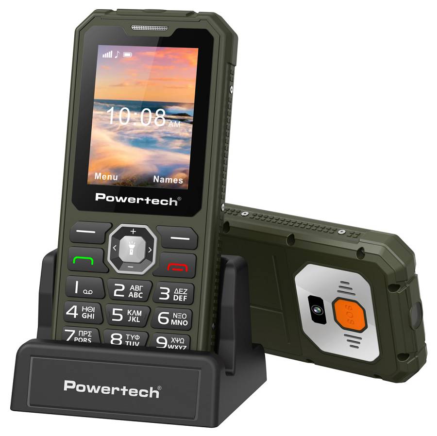 POWERTECH κινητό τηλέφωνο Sentry Armor, dual SIM, πλήκτρο SOS, 4G, IP67, χακί PTM-43