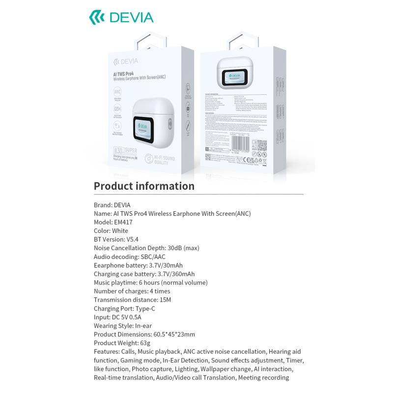 True Wireless Ακουστικά Bluetooth Devia EM417 ANC Pro4 με Μεταφραστή AI & Οθόνη Λευκό