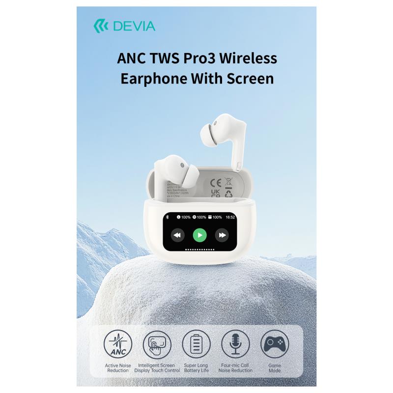 True Wireless Ακουστικά Bluetooth Devia EM405 ANC Pro3 με Οθόνη Λευκό