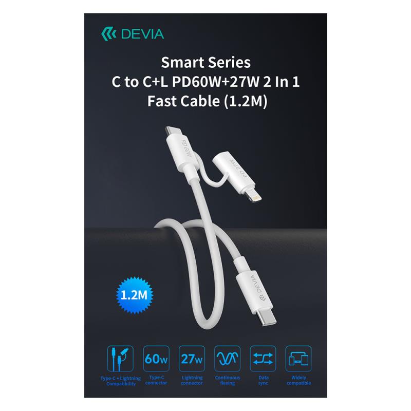 Καλώδιο Σύνδεσης USB 2.0 Devia EC404 2 σε 1 USB C σε USB C & Lightning PD 60W & 27W 1.2m Smart Λευκό