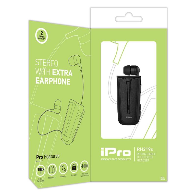 Στερεοφωνικό Ακουστικό Bluetooth iPro RH219s Retractable με Δόνηση Μαύρο