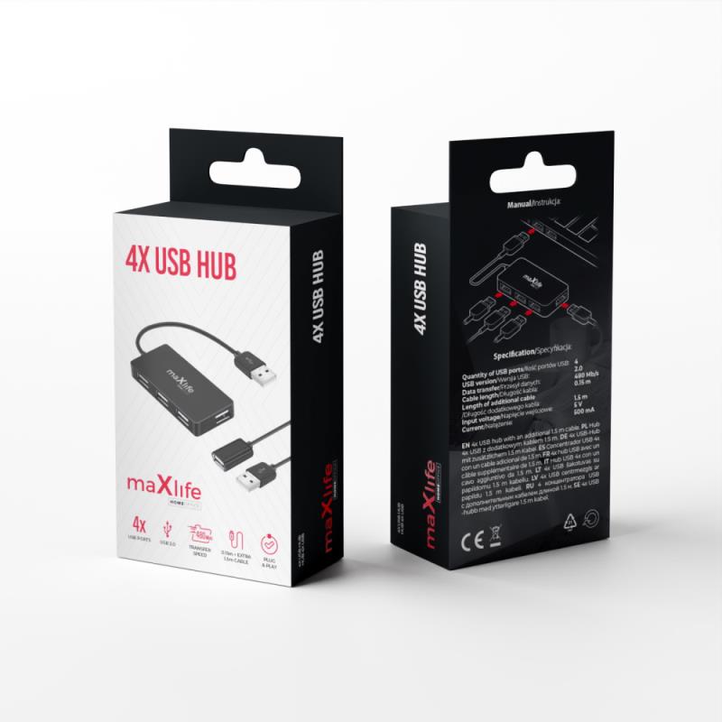 Hub USB A Maxlife 4 σε 1 to USB A & Καλώδιο USB A (Θηλυκό) to USB A (Αρσενικό) 1.5m Μαύρο
