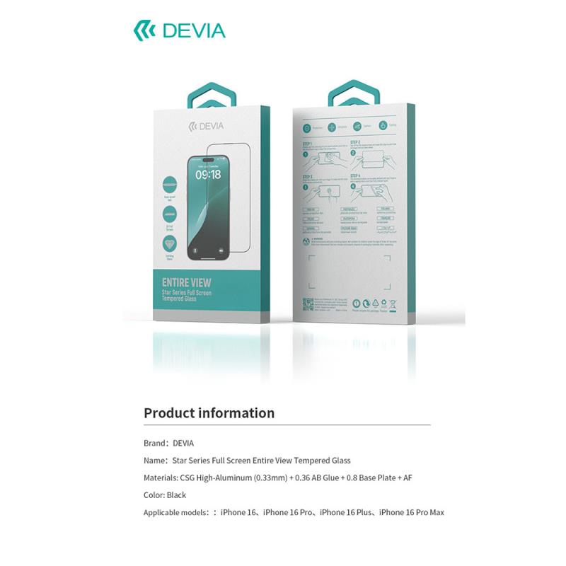 Tempered Glass Full Face Entire View Devia Apple iPhone 16 Plus Star Μαύρο (1 τεμ.)