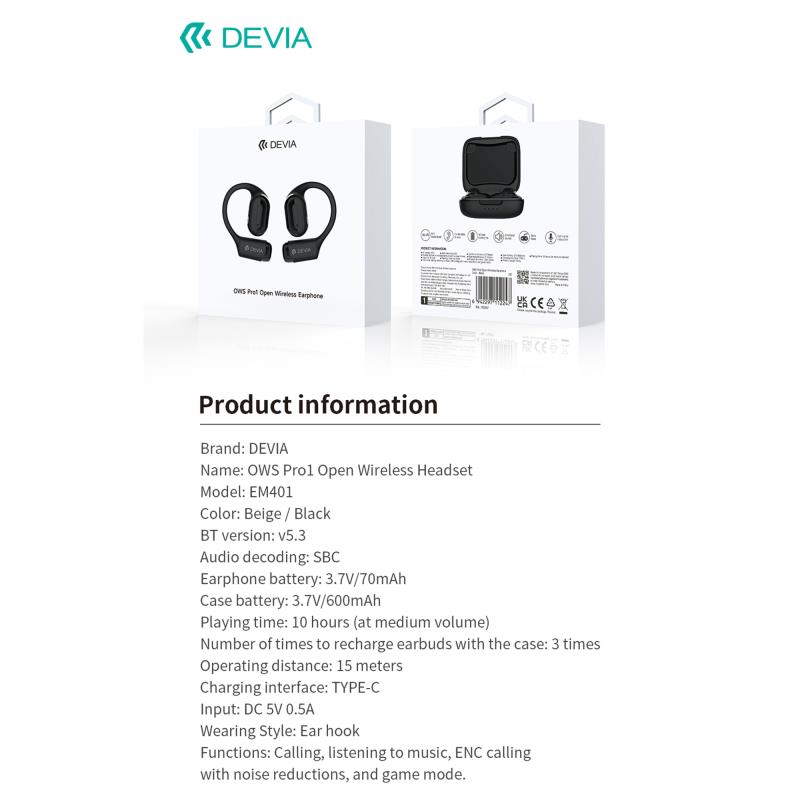 True Wireless Ακουστικά Bluetooth Devia EM401 OWS Pro1 Μπεζ