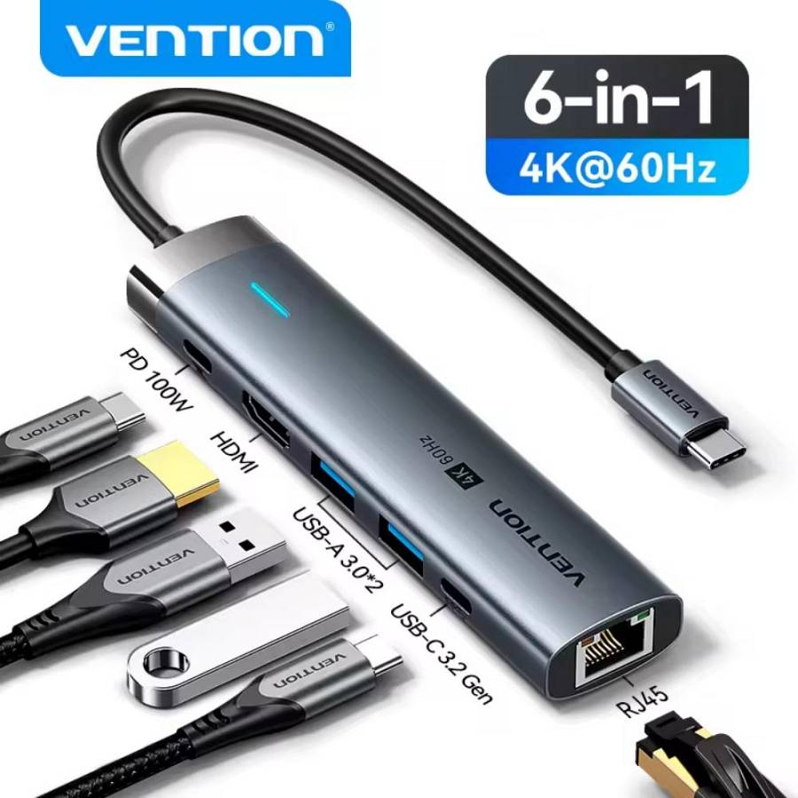 VENTION USB-C to HDMI/USB 3.2 Gen 1 Type-C/USB 3.0*2/RJ45/PD Docking Station 0.15M Gray Aluminum Alloy Type (TGNHB) (VENTGNHB)