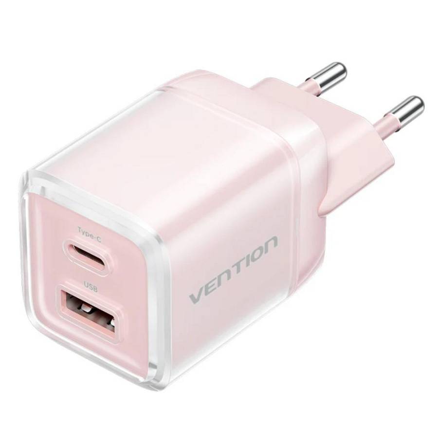 VENTION 2-Port USB (C + A) GaN Charger (30W/30W) with 3A USB-C to USB-C Cable (1M) EU-Plug Pink (TZ-FCEP0-EU) (VENTZ-FCEP0-EU)