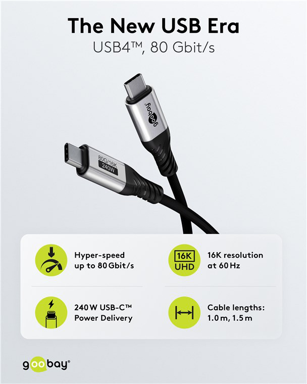 GOOBAY καλώδιο USB-C 74776, USB4, 240W, 80Gbps, 16K/60Hz, 1.5m, μαύρο 74776