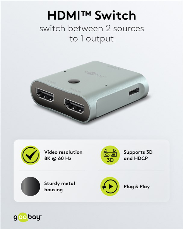 GOOBAY HDMI switch 77791, 2 σε 1, 8K/60Hz, γκρι 77791