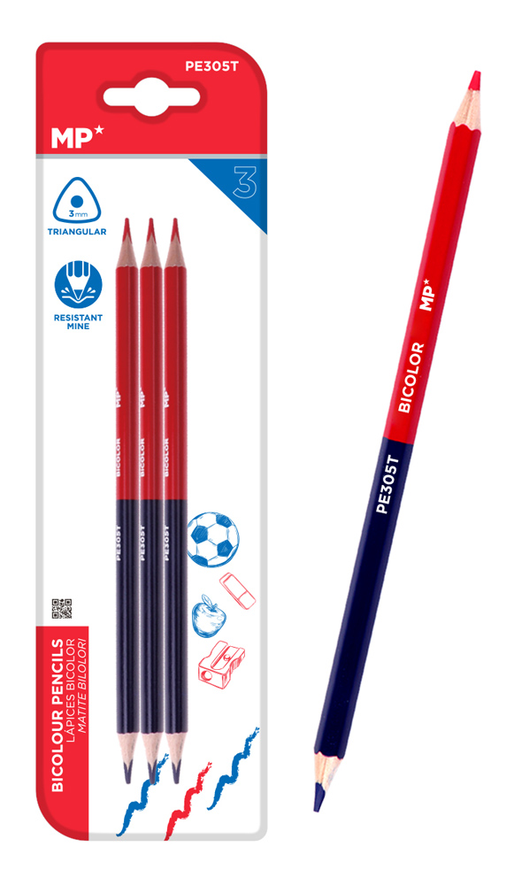 MP ξυλομπογιά με διπλή μύτη PE305T, 3mm μύτη, τρίγωνο, μπλε/κόκκινο, 3τμχ PE305T
