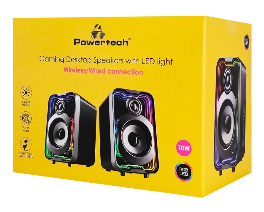 POWERTECH ηχεία PT-1575 με RGB φωτισμό, 2x 5W, Bluetooth & USB/USB-C, μαύρα PT-1575