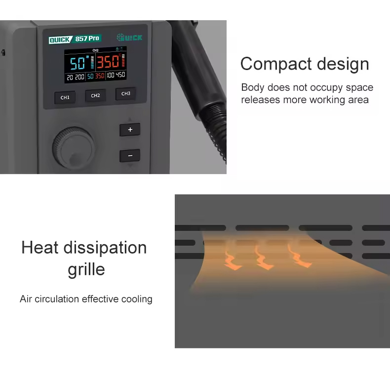 QUICK σταθμός θερμού αέρα QUICK857 Pro με air gun, 580W, 100-500 °C QUICK857PRO