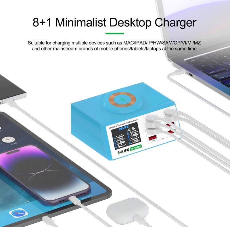 RELIFE σταθμός φόρτισης RL-309AW, 6x USB/2x USB-C/wireless, 100W, λευκός RL-309AW