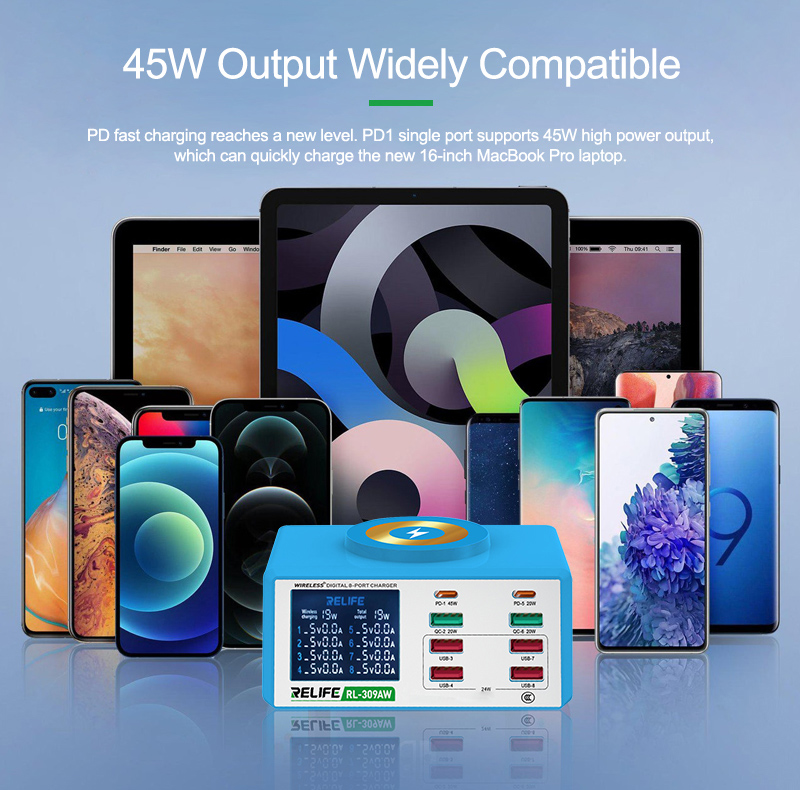 RELIFE σταθμός φόρτισης RL-309AW, 6x USB/2x USB-C/wireless, 100W, λευκός RL-309AW