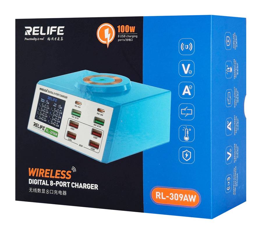 RELIFE σταθμός φόρτισης RL-309AW, 6x USB/2x USB-C/wireless, 100W, λευκός RL-309AW