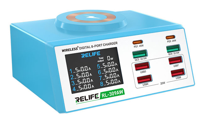 RELIFE σταθμός φόρτισης RL-309AW, 6x USB/2x USB-C/wireless, 100W, λευκός RL-309AW