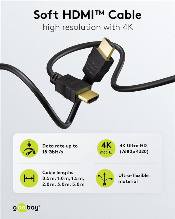 GOOBAY καλώδιο HDMI 80101 με Ethernet, soft, 4K/60Hz, 18 Gbps, 1m, μαύρο 80101