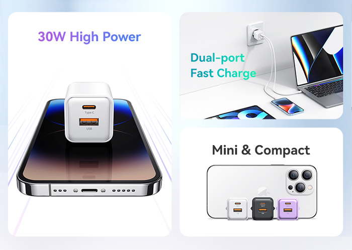 USAMS φορτιστής τοίχου US-CC189, USB & USB-C, 30W PD, μωβ CC189TC03