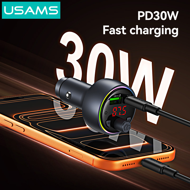USAMS FM transmitter & φορτιστής CC328, USB/USB-C, 30W, Bluetooth, μαύρο CC328CC01
