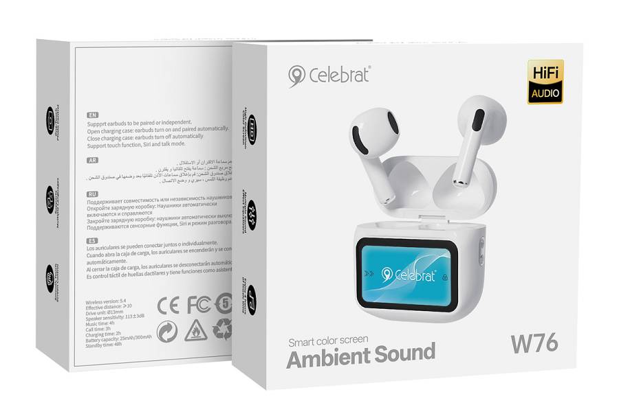 CELEBRAT earphones με θήκη φόρτισης W76, True Wireless, 13mm, 25/300mAh, λευκά W76
