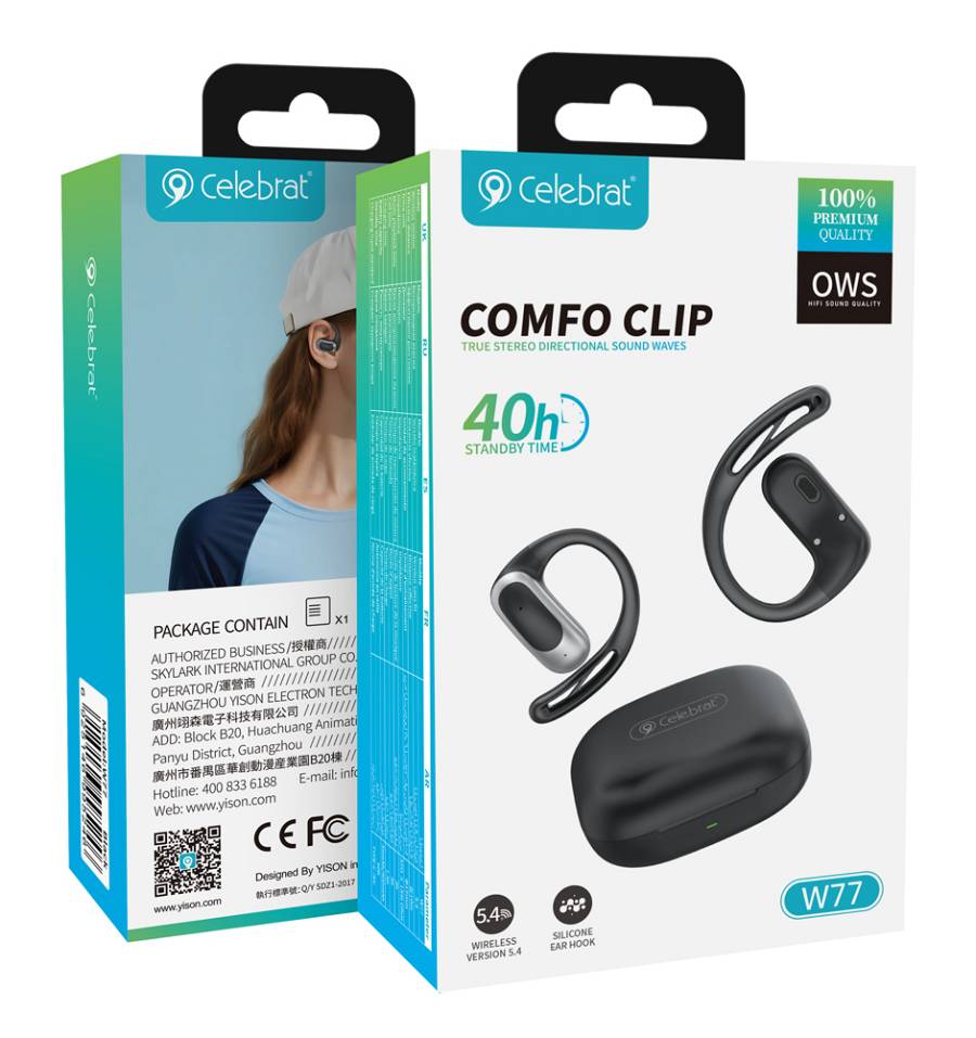 CELEBRAT earphones με θήκη φόρτισης W77, OWS, 12mm, 40/400mAh, μαύρα W77